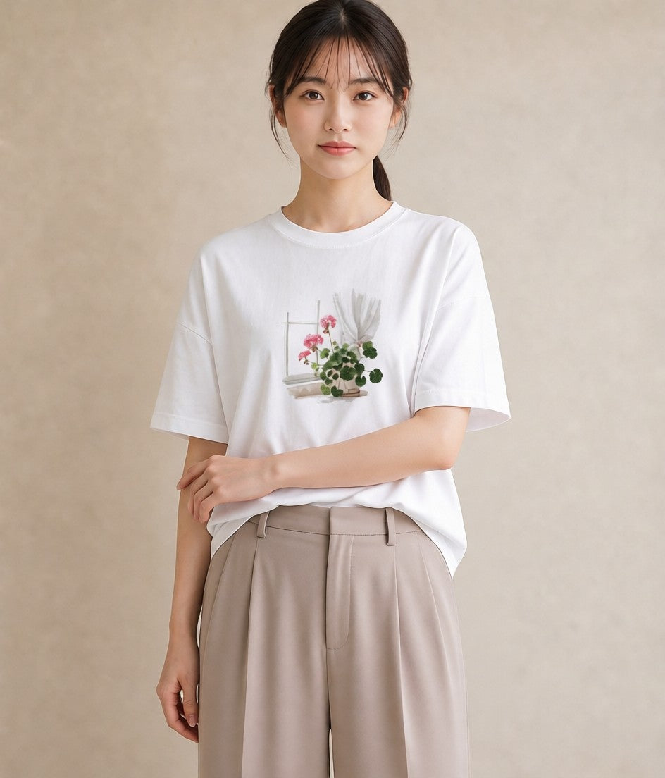 プリントTシャツ レディース 窓辺の雨 雨の日 窓 ナチュラル アンティーク イラスト 通勤 在宅 白T