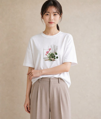 プリントTシャツ レディース 窓辺の雨 雨の日 窓 ナチュラル アンティーク イラスト 通勤 在宅 白T