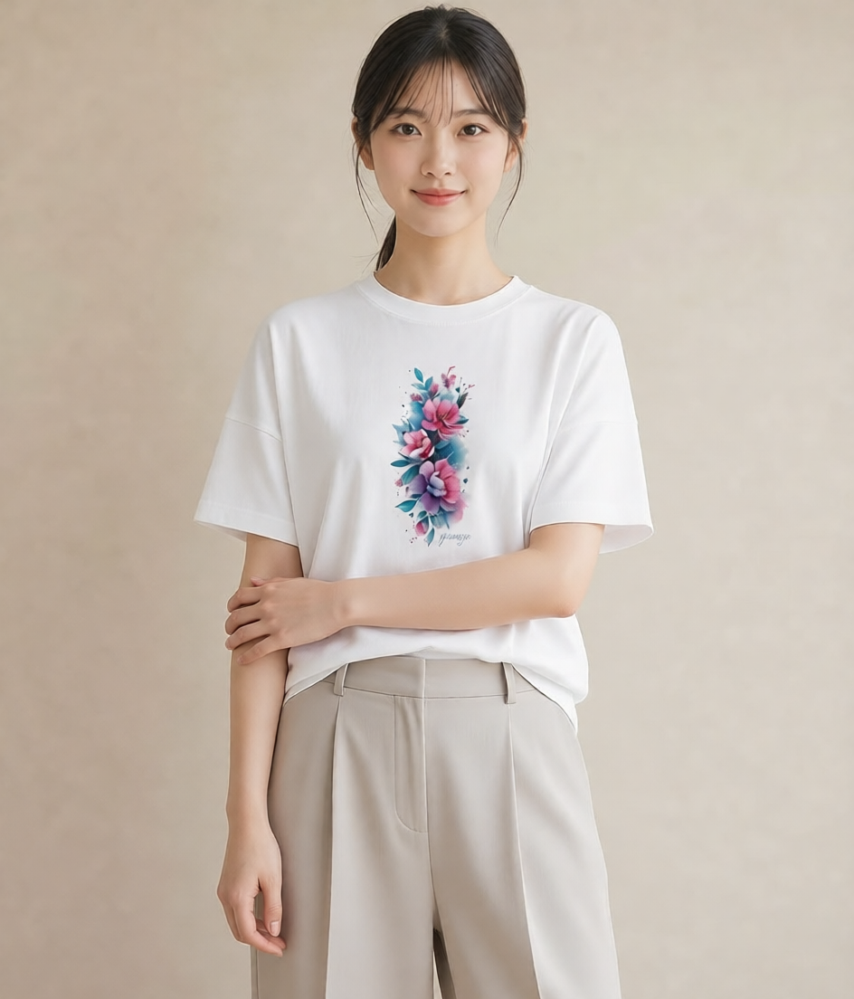 グラフィックTシャツ レディース 椿 花 花柄 イラスト アート風 女性 旅行用 白T