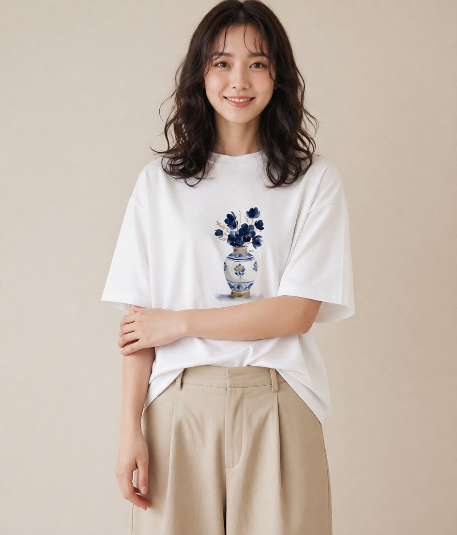 半袖Tシャツ レディース 夕暮れ バルコニー 夕焼け ナチュラル アンティーク イラスト デイリーウェア 休日 白T