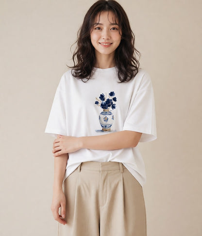 半袖Tシャツ レディース 夕暮れ バルコニー 夕焼け ナチュラル アンティーク イラスト デイリーウェア 休日 白T
