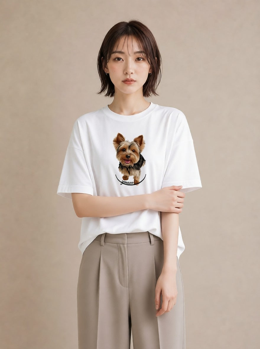 プリントTシャツ レディース ヨークシャーテリア 犬 いぬ イラスト ニュアンス 海 カフェ巡り 白T