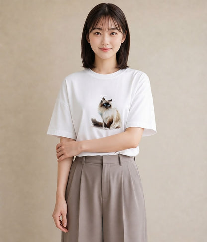 Tシャツ レディース 猫 ねこ イラスト ユニーク ルームウェア ギフト 白T