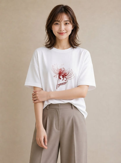 デザインTシャツ レディース 彼岸花 花 花柄 イラスト きれいめ 海 カフェ巡り 白T