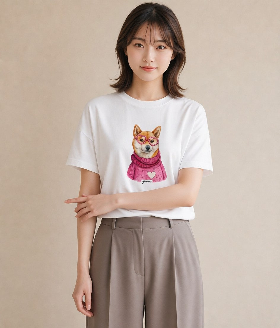 半袖Tシャツ レディース 柴犬 しばいぬ 犬 いぬ イラスト シンプル 送別ギフト 通勤 白T