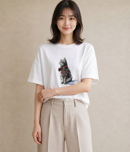 プリントTシャツ レディース サバトラ 猫 ねこ イラスト ポップ 社会人 女性 白T