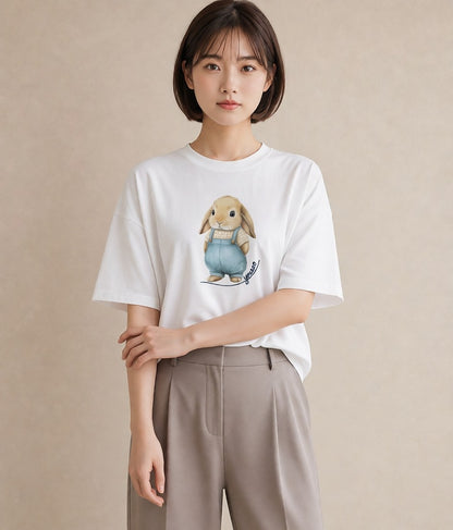 Tシャツ レディース ライオンラビット ペット 動物 イラスト 手描き風 通勤 在宅 白T
