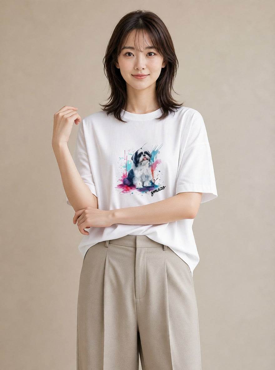 Tシャツ レディース 狆 犬 いぬ イラスト こなれ感 休日 ペアコーデ 白T