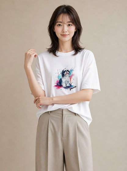 Tシャツ レディース 狆 犬 いぬ イラスト こなれ感 休日 ペアコーデ 白T