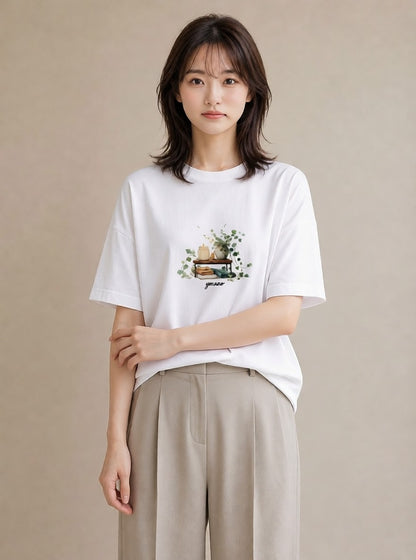 Tシャツ レディース 駅のホーム ローカル線 駅 ナチュラル アンティーク イラスト レトロ デイリーウェア 休日 白T