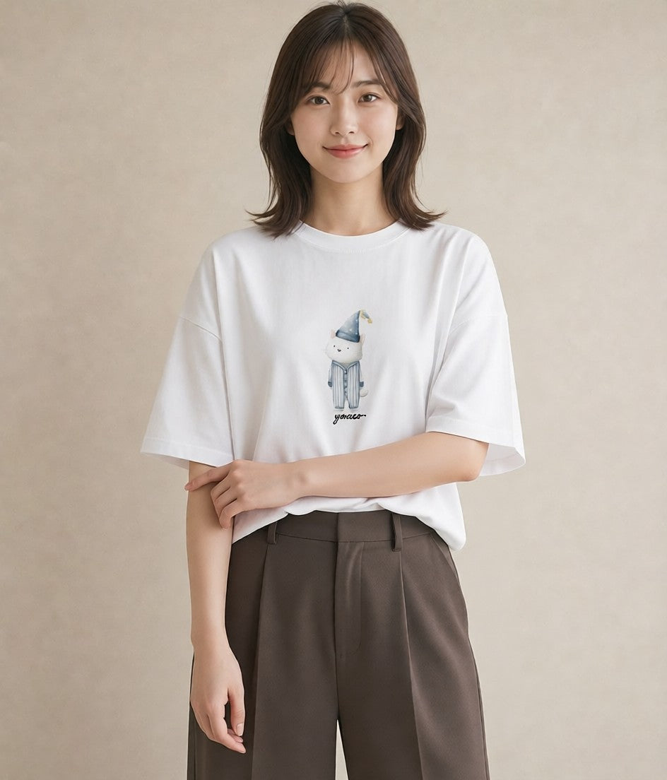 半袖Tシャツ レディース しっぽ 猫 ねこ イラスト きれいめカジュアル 夏コーデ 通学 白T