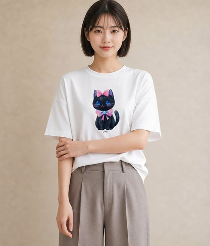 プリントTシャツ レディース 黒猫 猫 ねこ イラスト 線画 公園 ママ 白T