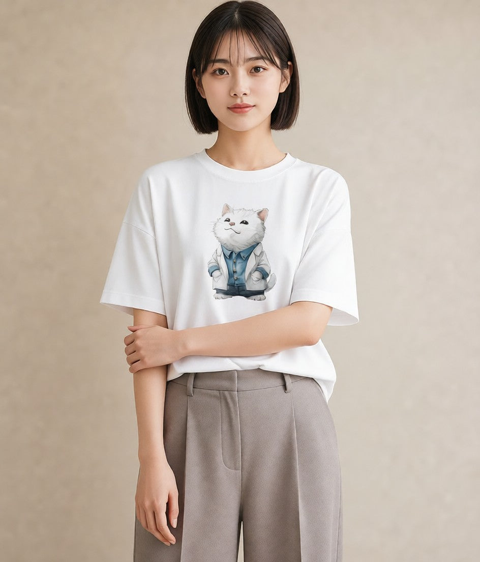 半袖Tシャツ レディース ペルシャ 猫 ねこ イラスト 抜け感 敬老の日 ホワイトデー 白T