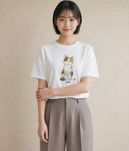 デザインTシャツ レディース ハチワレ 白黒猫 猫 ねこ イラスト カフェ服 クリスマス 白T