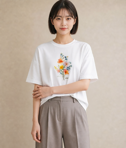 デザインTシャツ レディース コスモス 秋桜 花 花柄 イラスト ナチュラル 旅行 母娘コーデ 白T