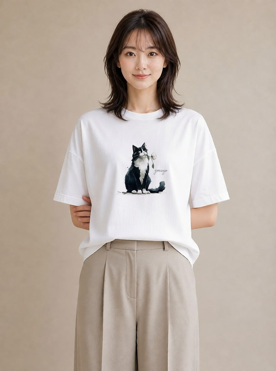 半袖Tシャツ レディース ハチワレ 白黒猫 猫 ねこ イラスト 手描き風 春服 ミセス 白T