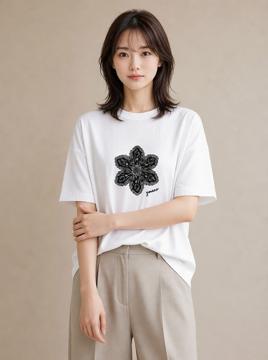 デザインTシャツ レディース レースハンカチ レース ハンカチ ナチュラル アンティーク イラスト 北欧風 女性 旅行用 白T