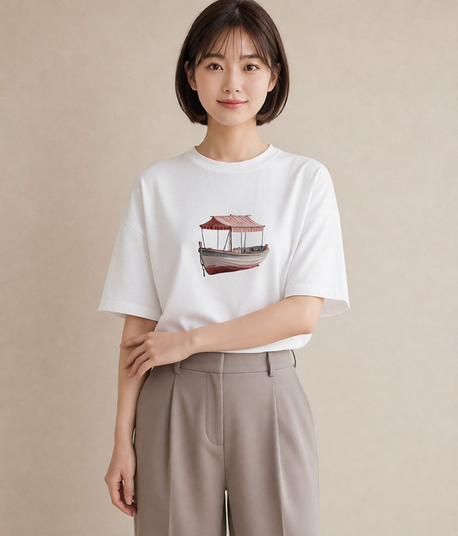 デザインTシャツ レディース 紙の船 水辺 ナチュラル アンティーク イラスト カフェコーデ 親子 20代 白T