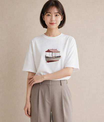 デザインTシャツ レディース 紙の船 水辺 ナチュラル アンティーク イラスト カフェコーデ 親子 20代 白T