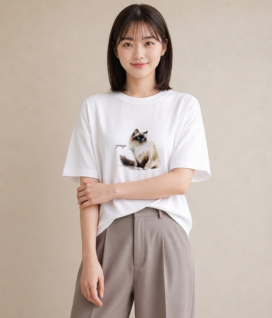 デザインTシャツ レディース 白猫 猫 ねこ イラスト ヴィンテージ風 クリスマス 旅行 白T