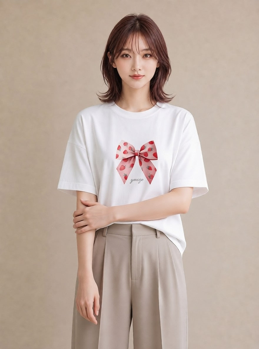 半袖Tシャツ レディース ショートケーキ 食べ物 フード イラスト 普段使い お揃い 親子 白T