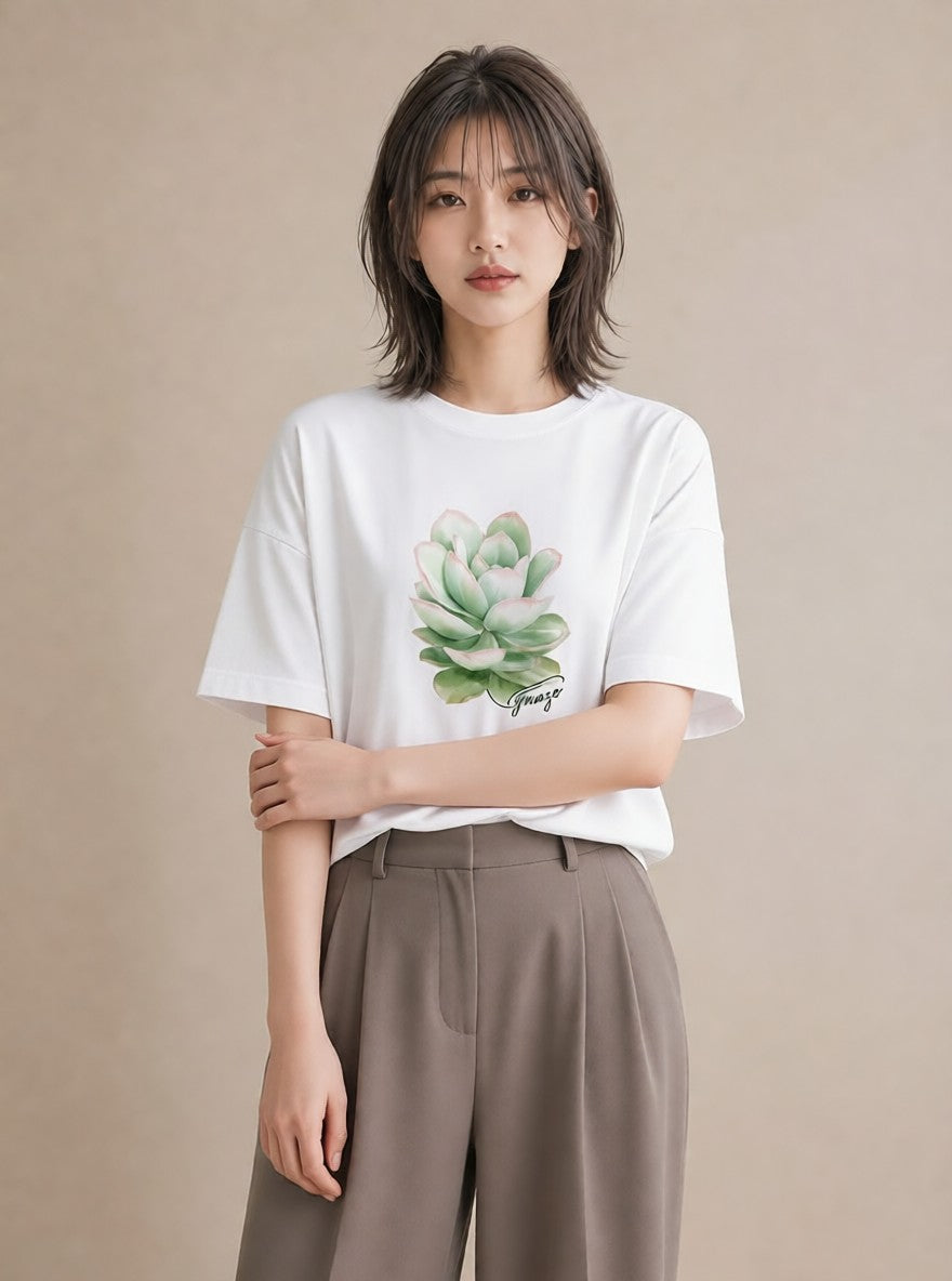 プリントTシャツ レディース 多肉植物 植物 ボタニカル イラスト 淡色 ビーチ デイリーウェア 白T