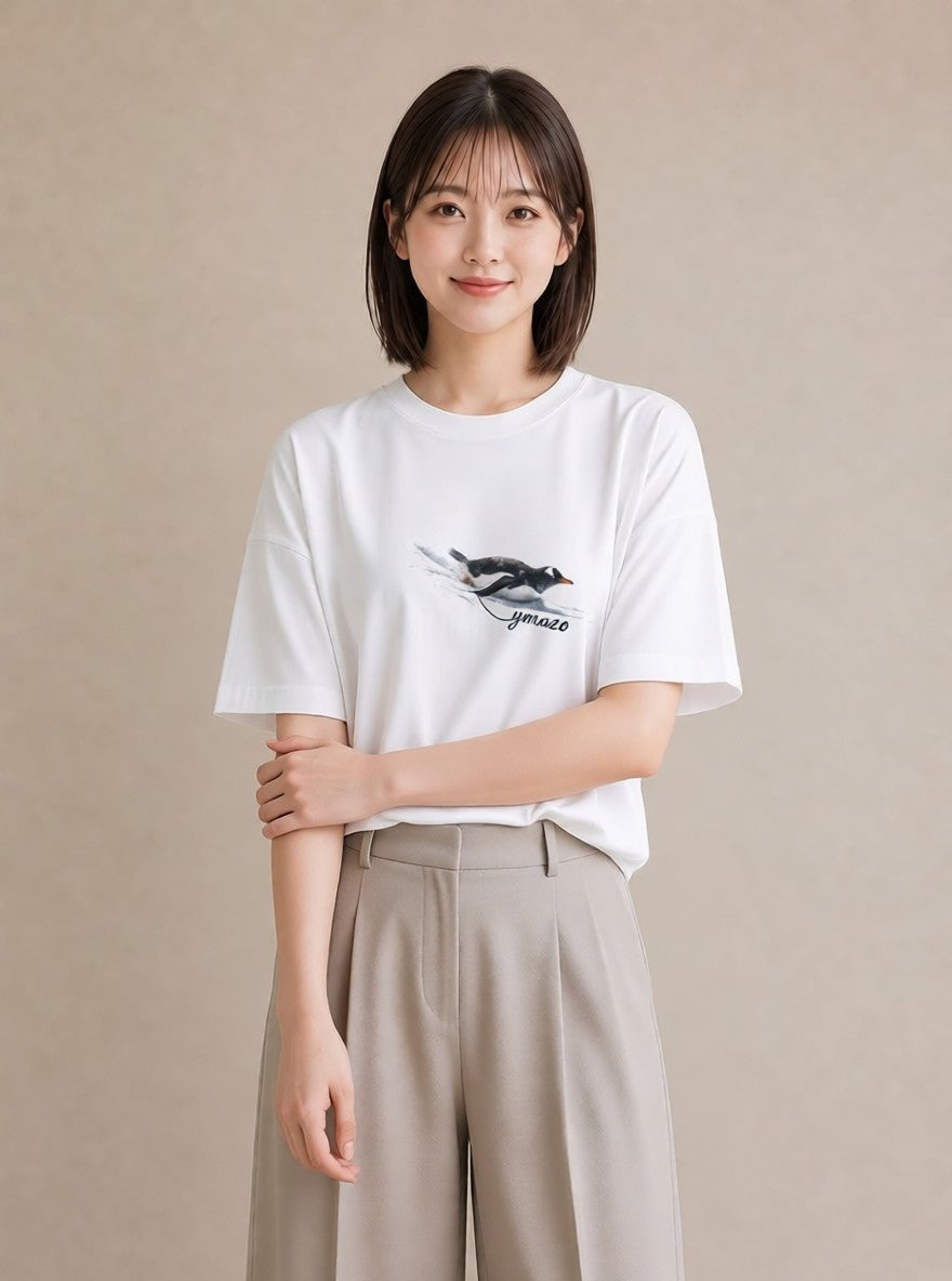 Tシャツ レディース コウテイペンギン 動物 アニマル イラスト 上品 20代 カジュアルコーデ 白T