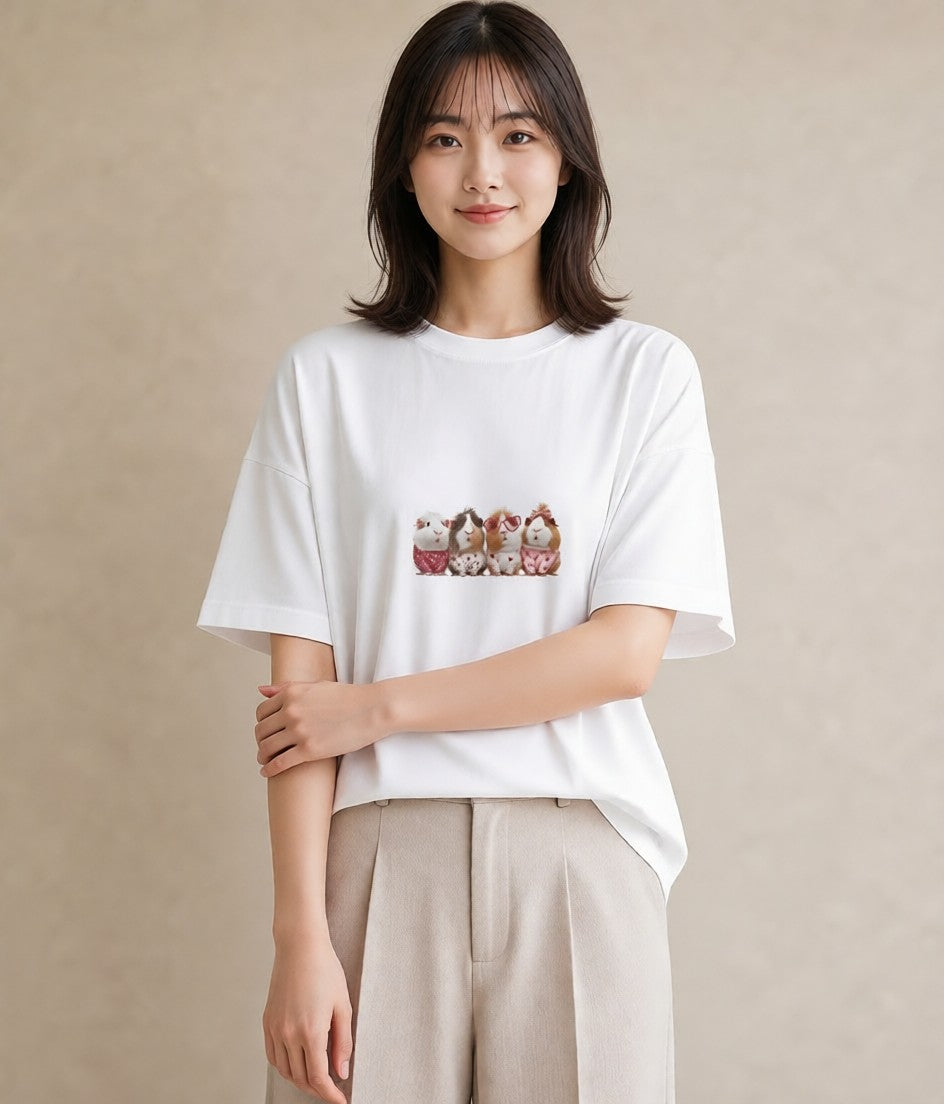 Tシャツ レディース モルモット ペット 動物 イラスト ラフ 誕生日プレゼント 綿100 白T