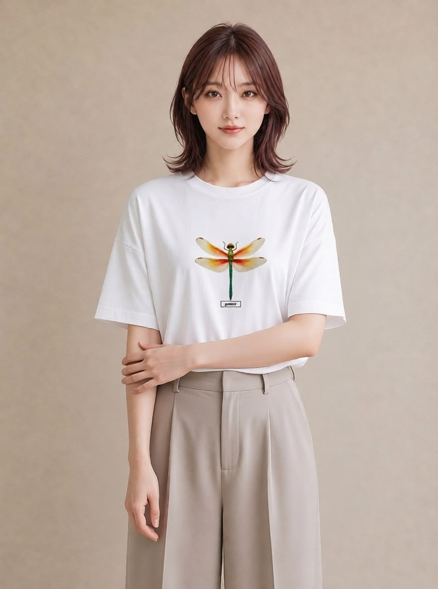 デザインTシャツ レディース とんぼ 昆虫 虫 イラスト ガーリー 普段着 週末コーデ 白T