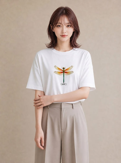 デザインTシャツ レディース とんぼ 昆虫 虫 イラスト ガーリー 普段着 週末コーデ 白T
