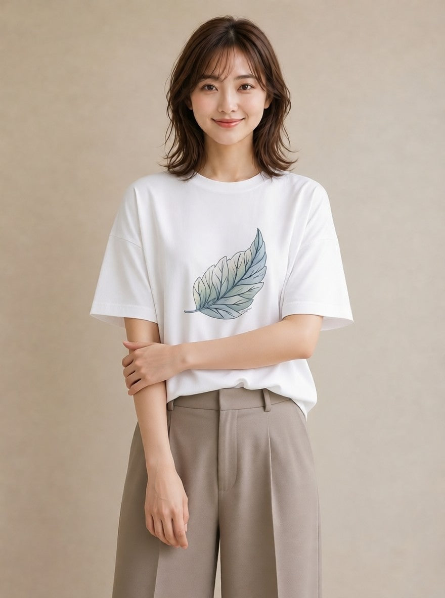 半袖Tシャツ レディース 葉っぱ 植物 ボタニカル イラスト ポップ カジュアルコーデ 買い物 白T