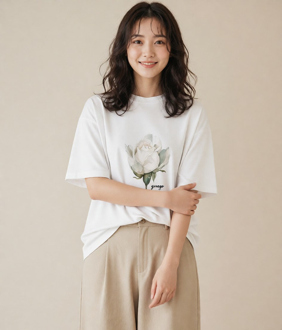 グラフィックTシャツ レディース 牡丹 花 花柄 イラスト ポップ 旅行 母娘コーデ 白T
