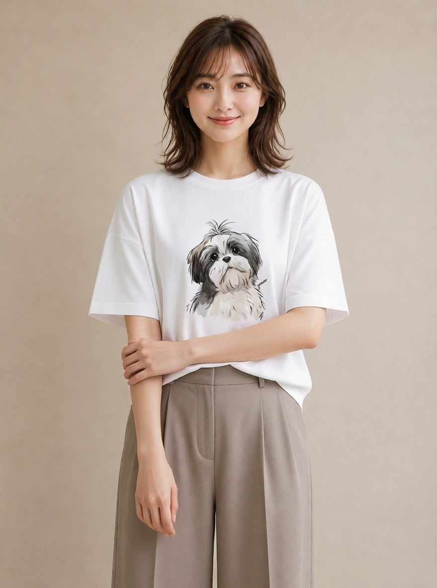 グラフィックTシャツ レディース ペキニーズ 犬 いぬ イラスト カフェコーデ ミセス 春コーデ 白T