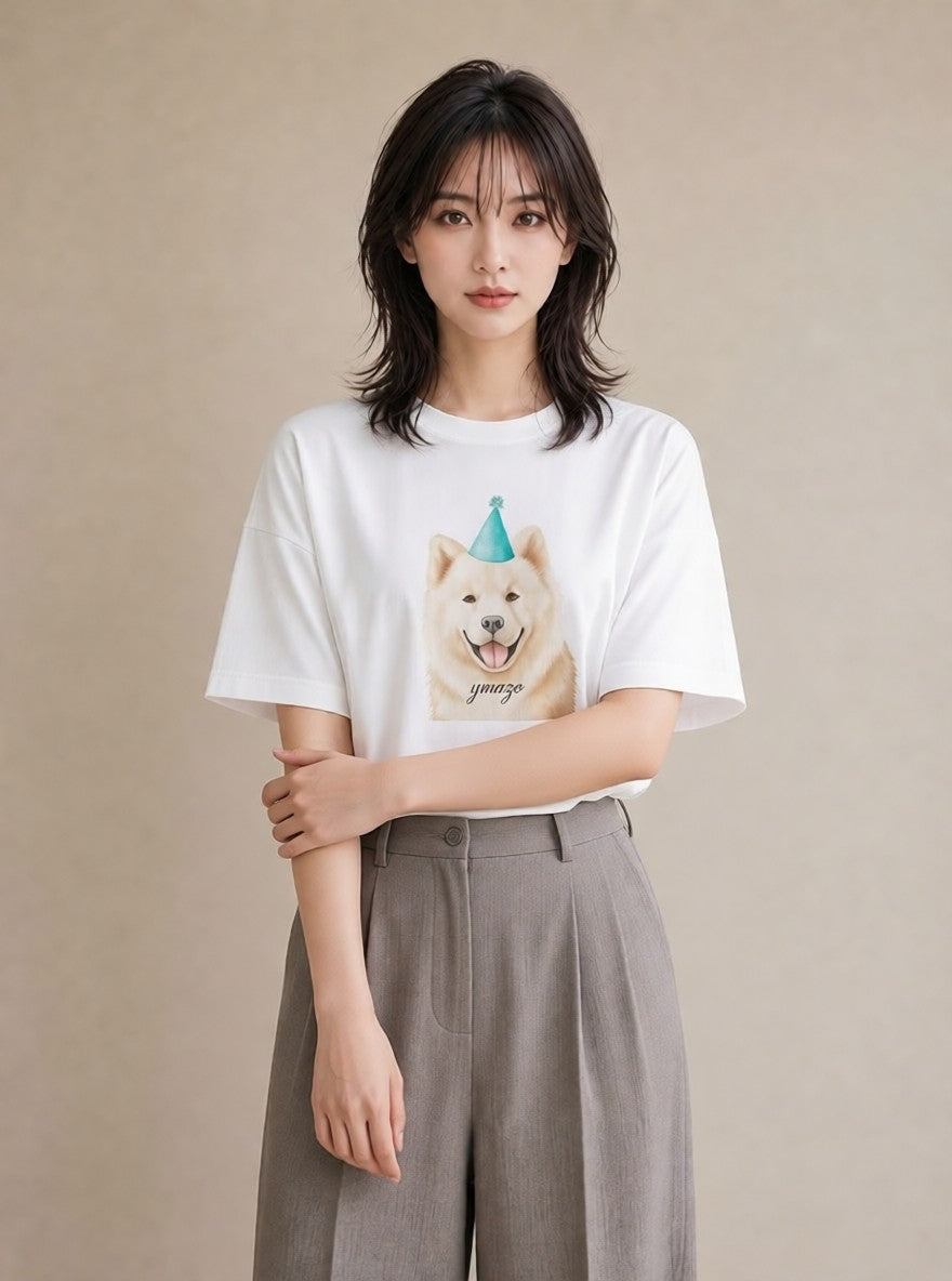 Tシャツ レディース サモエド 犬 いぬ イラスト 旅行コーデ 春服 ミセス 白T