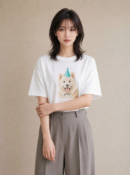 Tシャツ レディース サモエド 犬 いぬ イラスト 旅行コーデ 春服 ミセス 白T