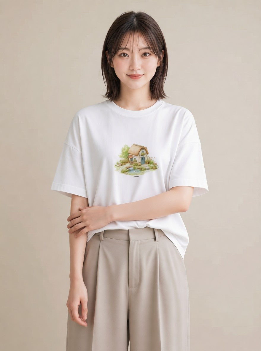 Tシャツ レディース 湖畔の小屋 湖 小屋 ナチュラル アンティーク イラスト きれいめカジュアル 部屋着 女性向けギフト 白T