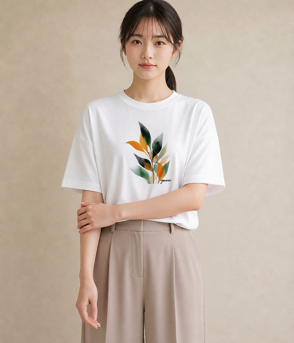 半袖Tシャツ レディース ボタニカル 植物 イラスト カジュアル 旅行 母娘コーデ 白T