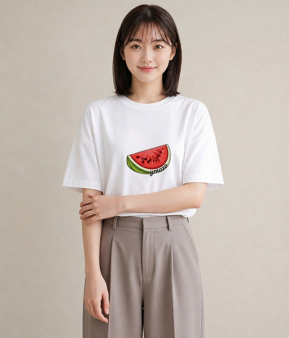プリントTシャツ レディース すいか 食べ物 フード イラスト カフェコーデ ラフ レイヤード 白T