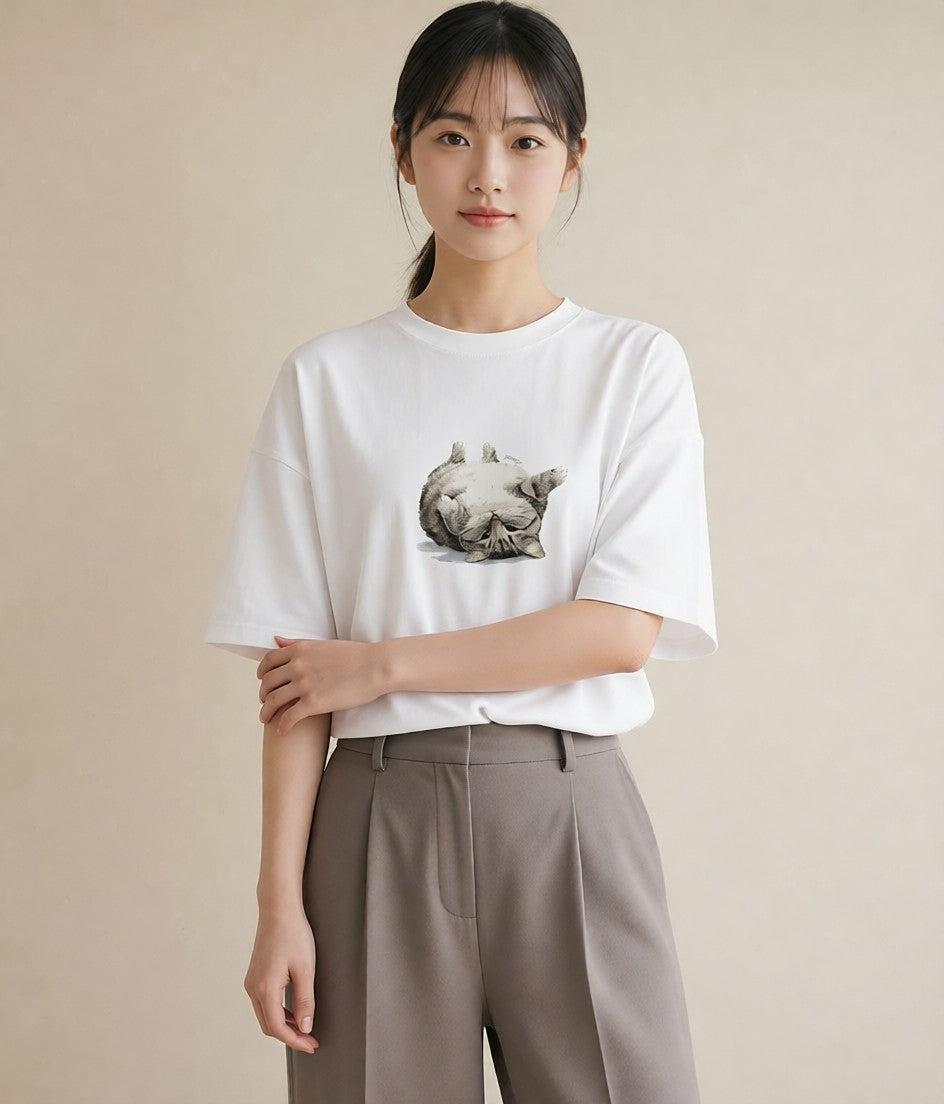 プリントTシャツ レディース アメリカンショートヘア 猫 ねこ イラスト 可愛い 海 カフェ巡り 白T