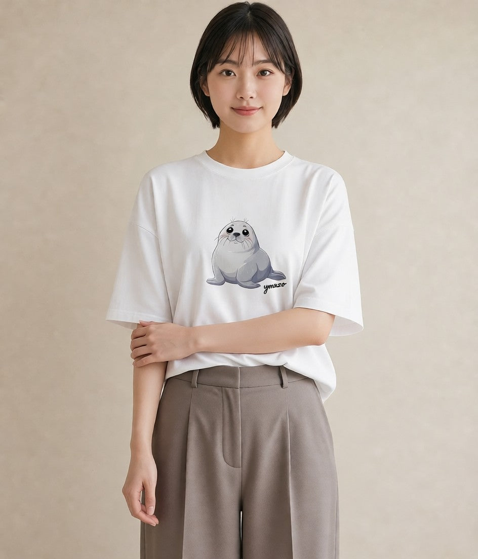 半袖Tシャツ レディース ゴマフアザラシ 動物 アニマル イラスト 個性的 部屋着 女性向けギフト 白T