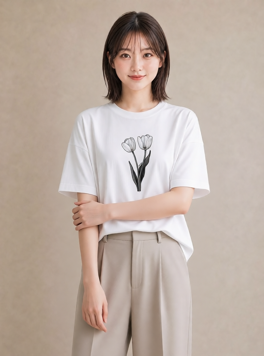グラフィックTシャツ レディース チューリップ 花 花柄 イラスト 韓国風 誕生日プレゼント 綿100 白T