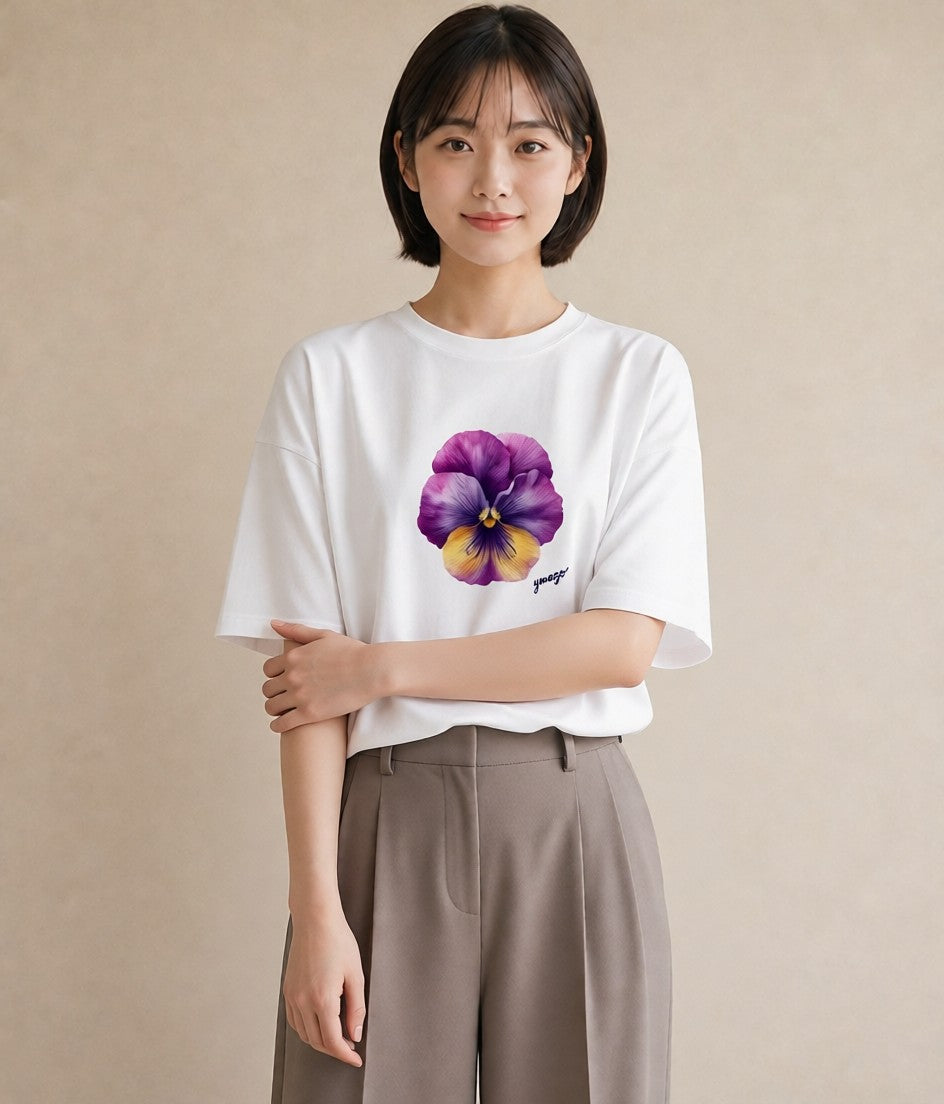 Tシャツ レディース スミレ 花 花柄 イラスト ヴィンテージ風 海 カフェ巡り 白T