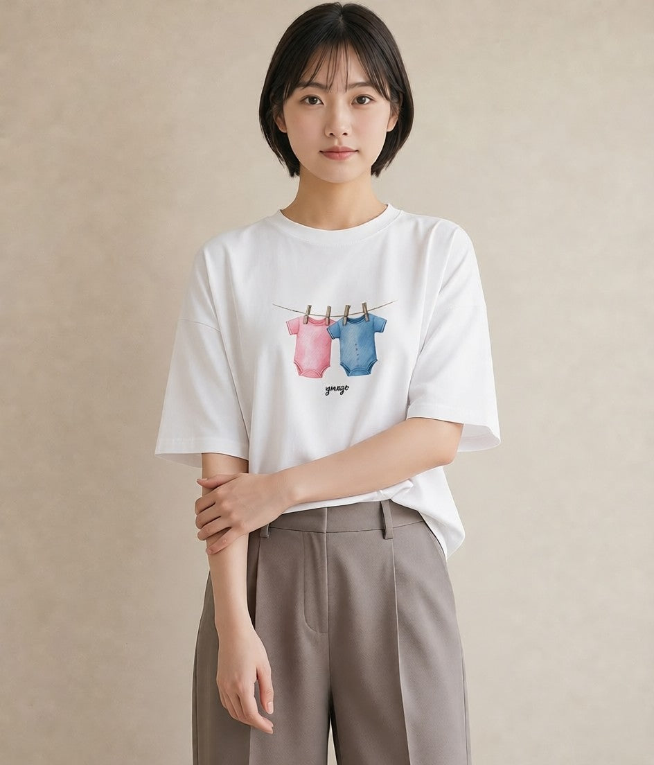 半袖Tシャツ レディース 洗濯物 風 ナチュラル アンティーク イラスト ガーリー ペアコーデ 秋コーデ 白T