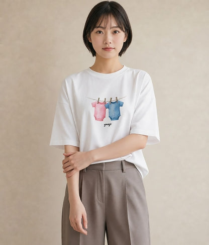 半袖Tシャツ レディース 洗濯物 風 ナチュラル アンティーク イラスト ガーリー ペアコーデ 秋コーデ 白T