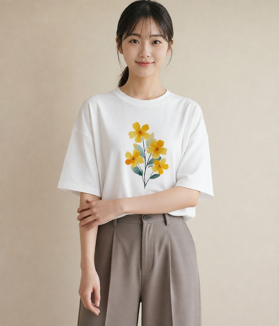 デザインTシャツ レディース ミモザ 花 花柄 イラスト ゆるかわ 旅行 母娘コーデ 白T