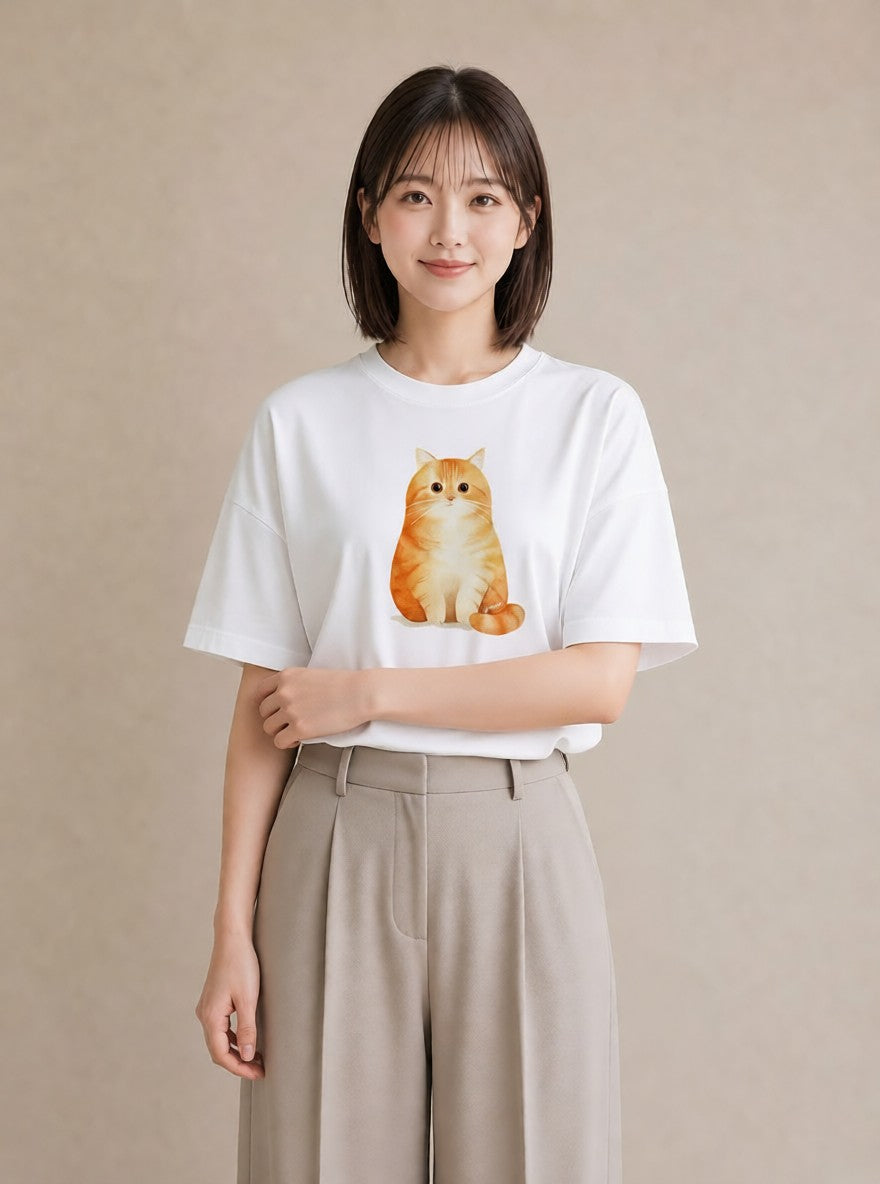 半袖Tシャツ レディース おすわり猫 猫 ねこ イラスト 手描き風 親子 20代 白T