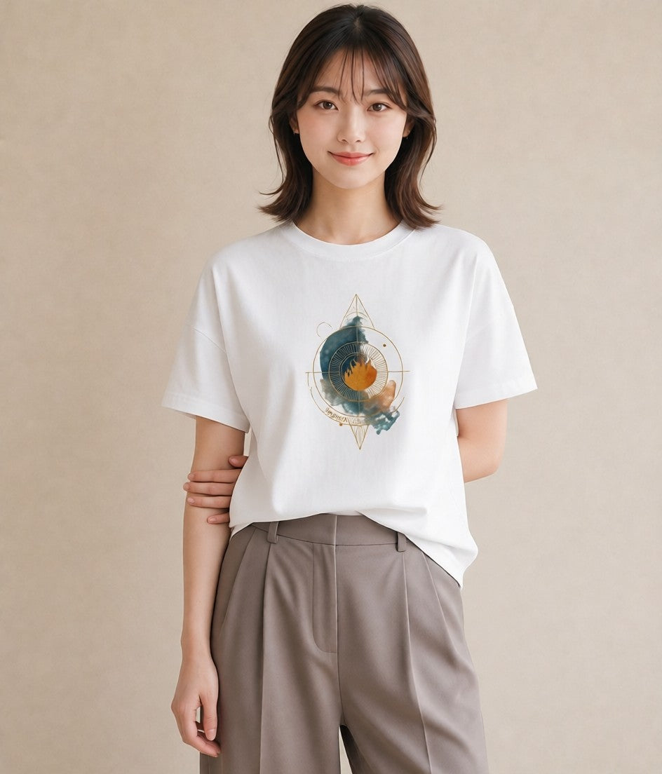グラフィックTシャツ レディース 太陽 星空 宇宙 イラスト 淡色 在宅 公園 白T