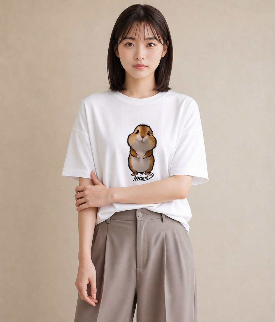 半袖Tシャツ レディース キンクマハムスター ペット 動物 イラスト 上品 親子 20代 白T