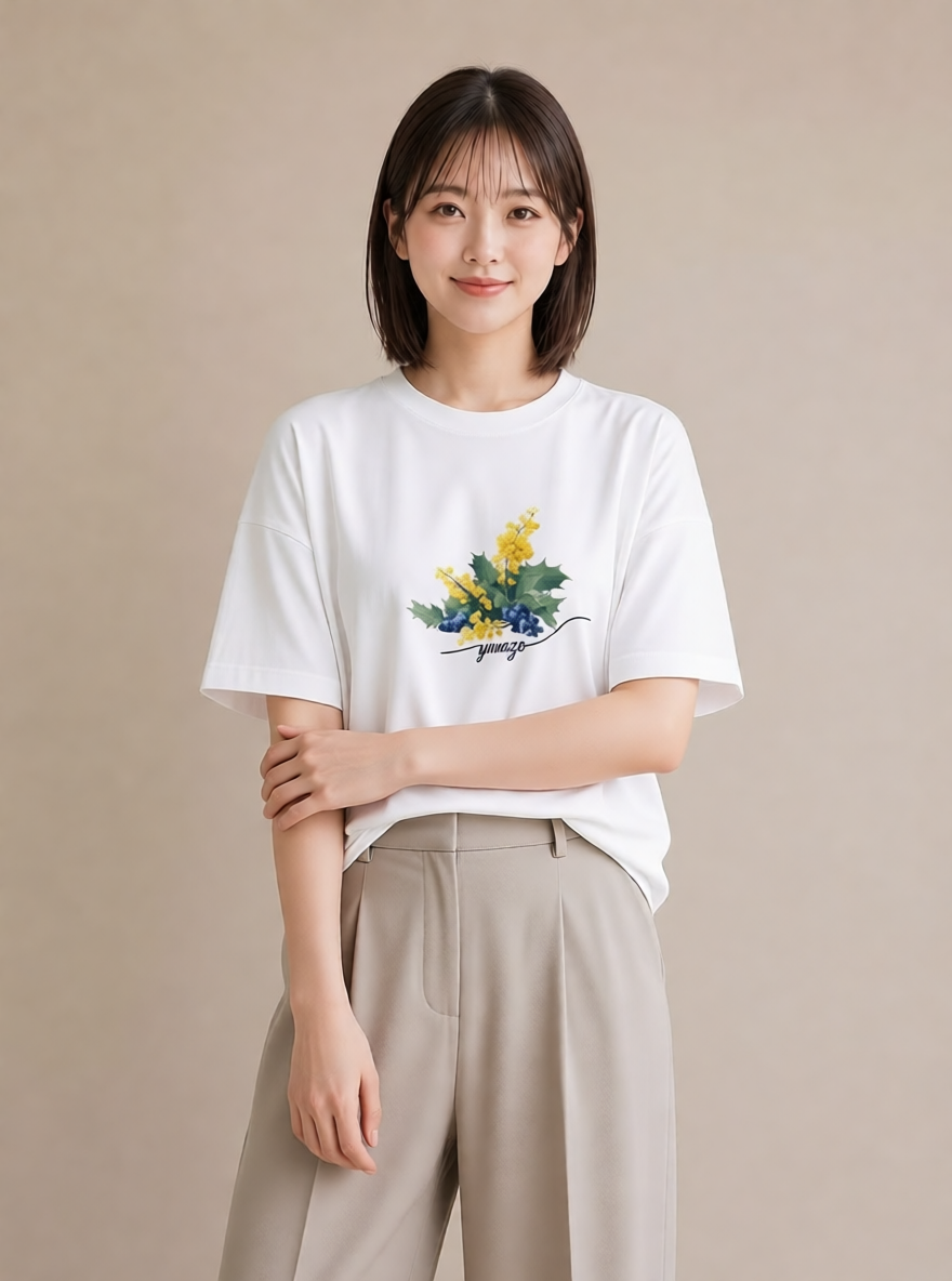 半袖Tシャツ レディース ミモザ 花 花柄 イラスト ユニーク 女性向けギフト 散歩 白T