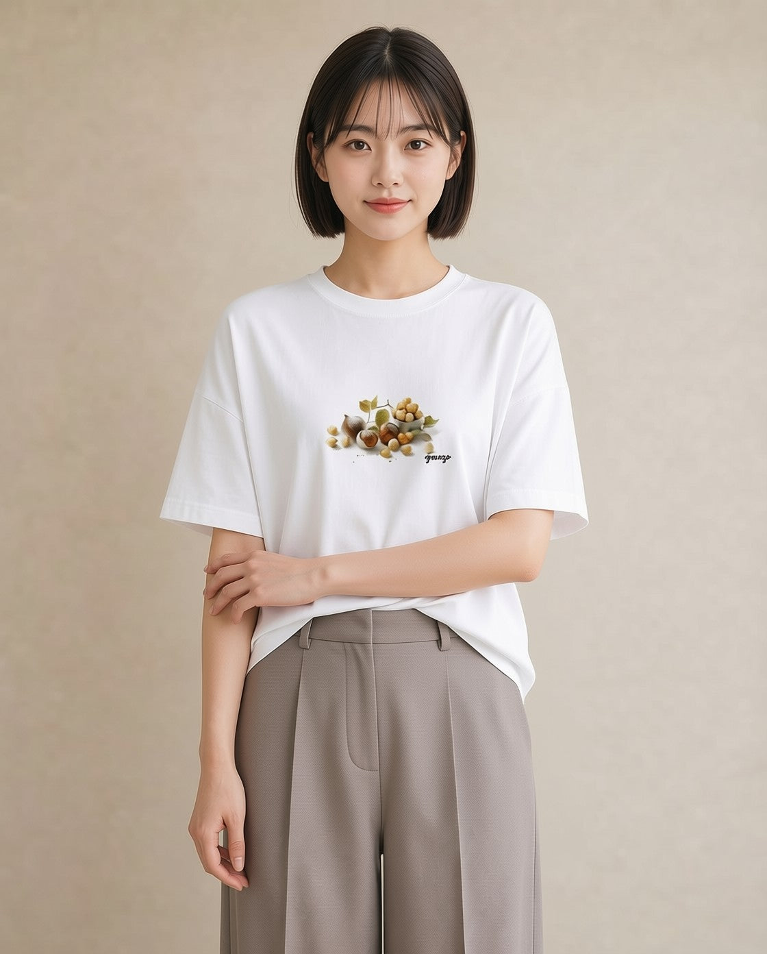 グラフィックTシャツ レディース どんぐり 植物 ボタニカル イラスト ユニーク 女性向けギフト 散歩 白T